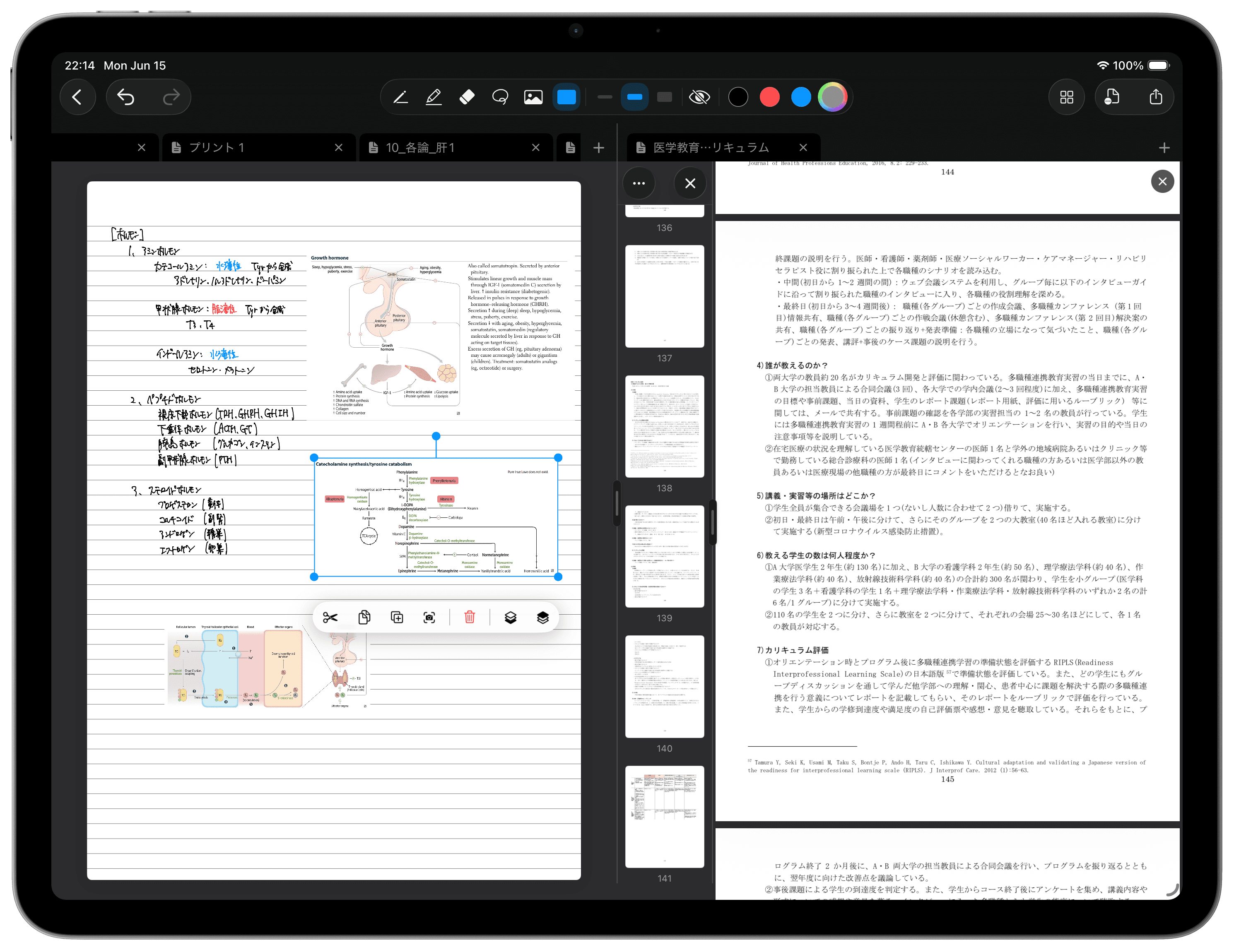 iPad横向き・手書きノートとPDFを左右に分割表示したダークUI