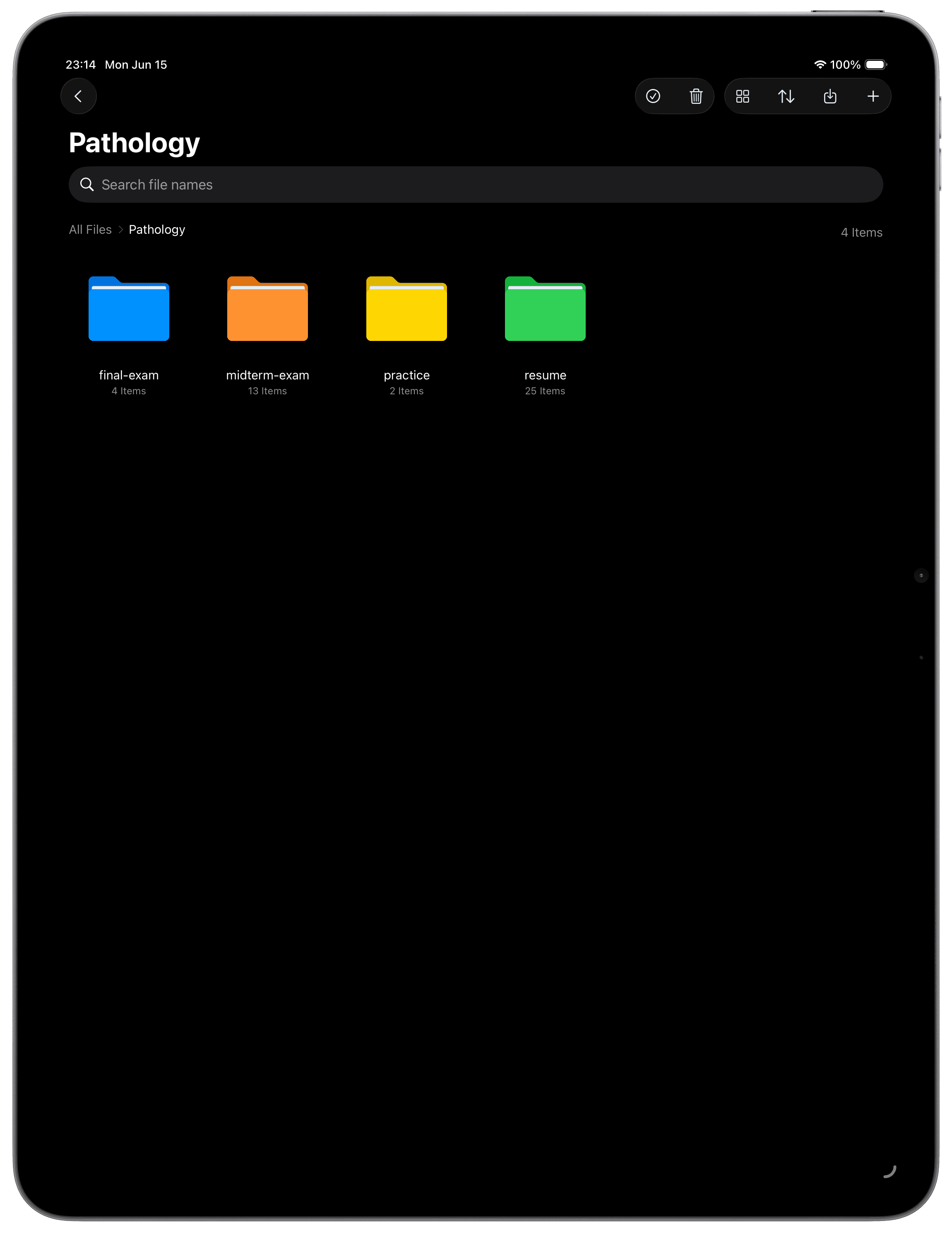 iPad縦向き・色分けされたフォルダが並ぶファイルブラウザのダークUI