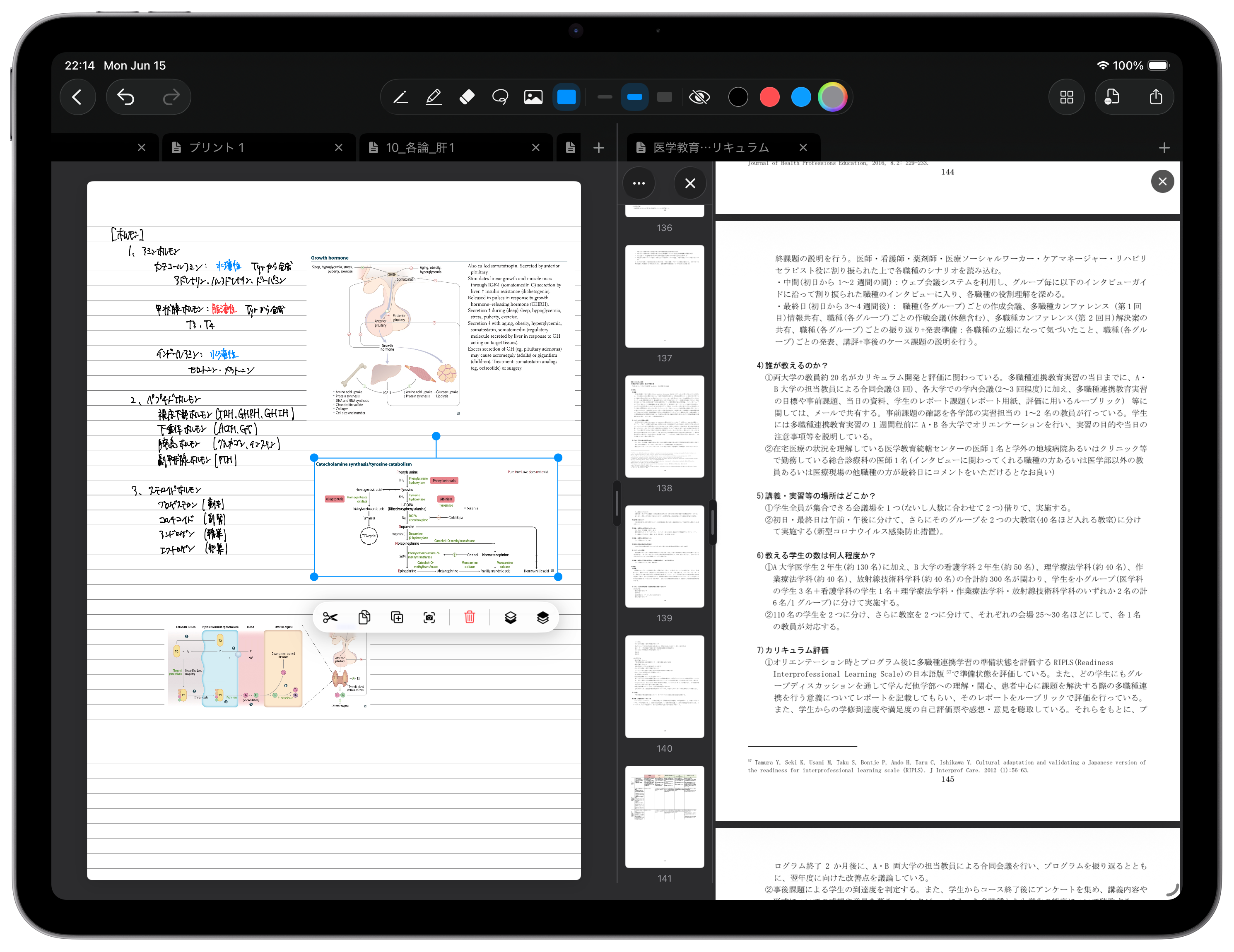 iPad横向き・手書きノートとPDFを左右に分割表示したダークUI