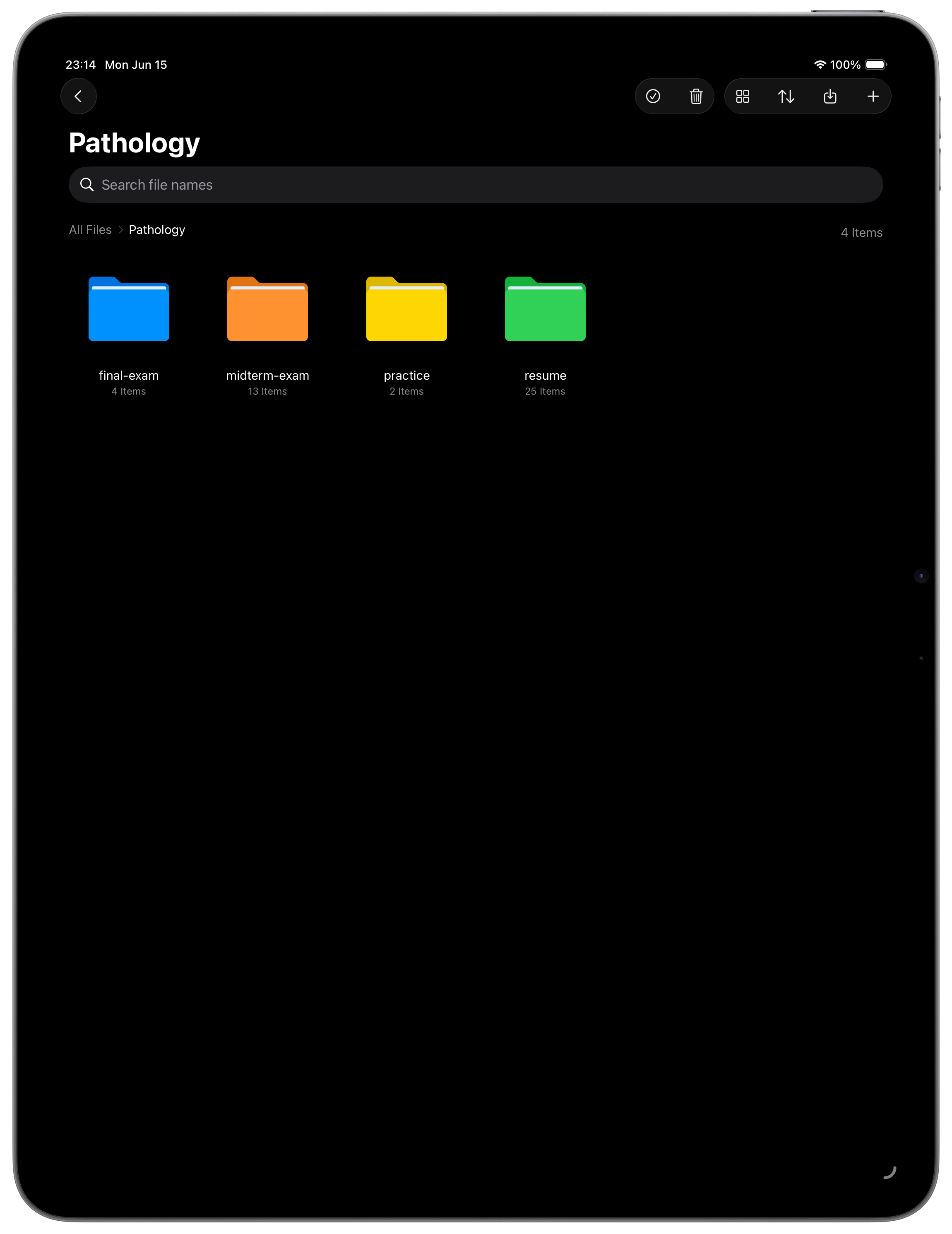 iPad縦向き・色分けされたフォルダが並ぶファイルブラウザのダークUI